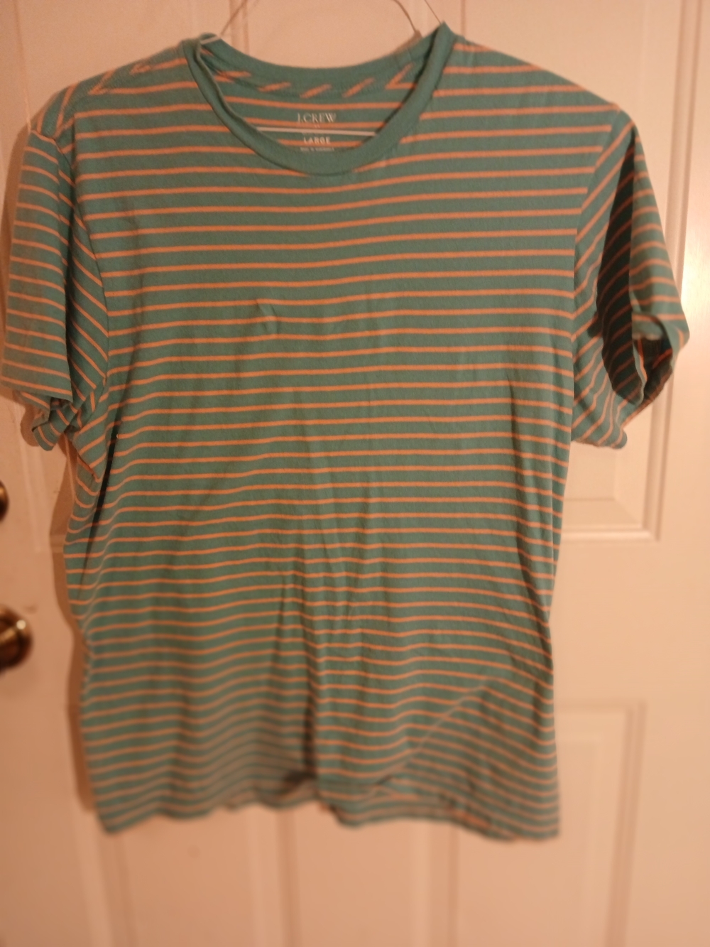J. Crew Men’s Teal and Peach Narrow-Striped Long Sleeve Tee